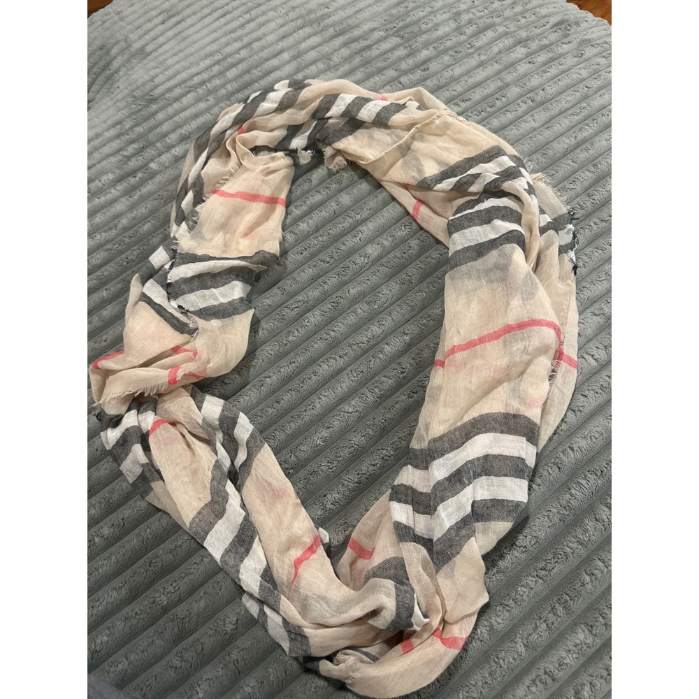 Plaid Striped Infinity Scarf Tan Red Black White Lightweight Gauze Loop Scarf